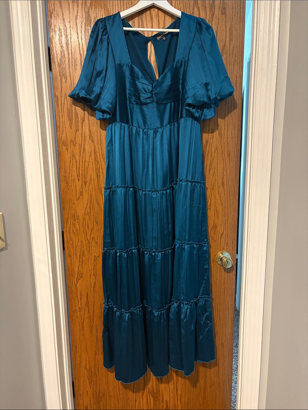 Crystal Doll Teal Tiered Maxi Dress with Puff Sleeves